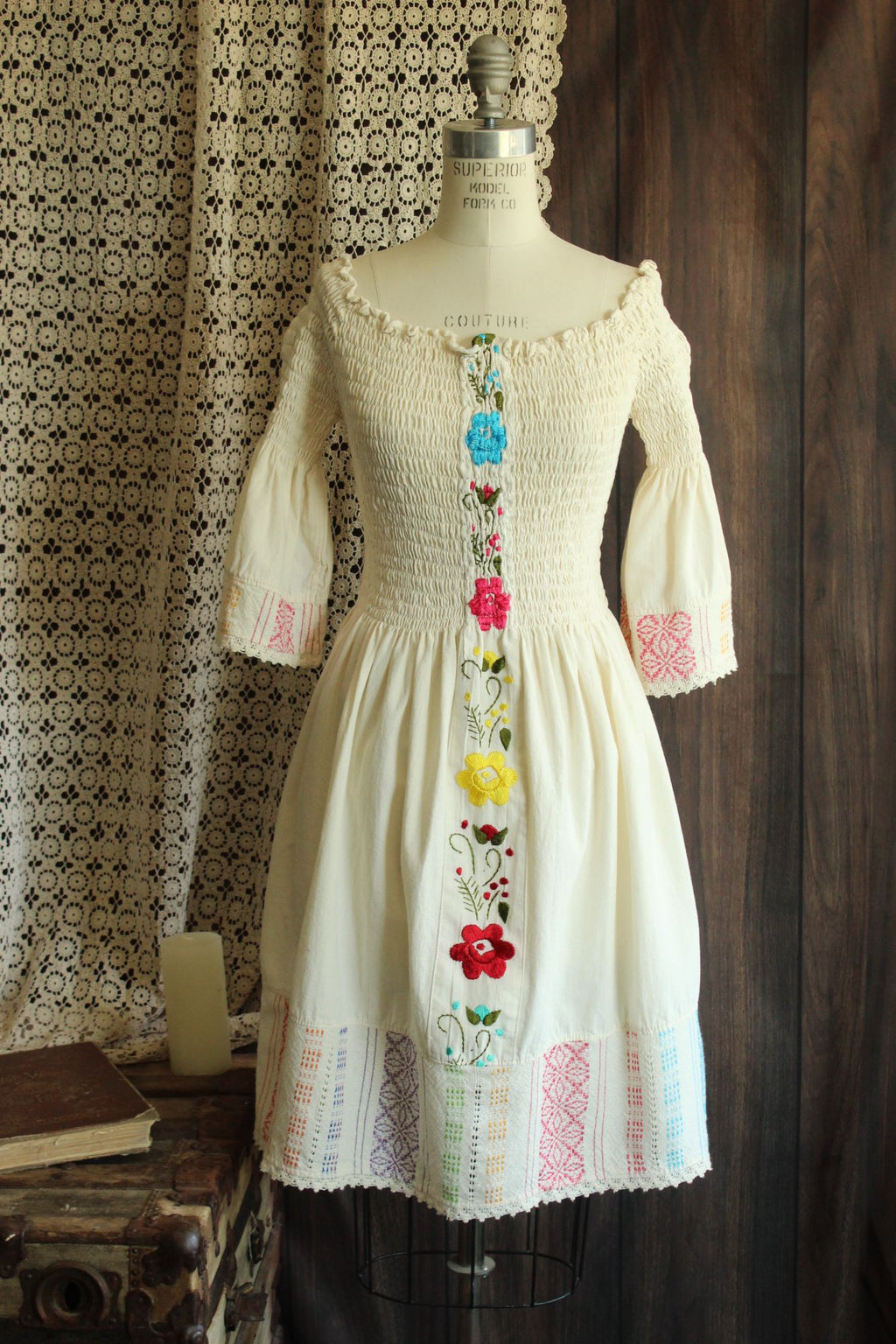 Mexican Floral Embroidered Folk Dress in Smocked Cream Cotton