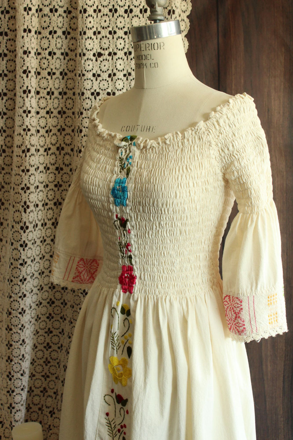 Mexican Floral Embroidered Folk Dress in Smocked Cream Cotton