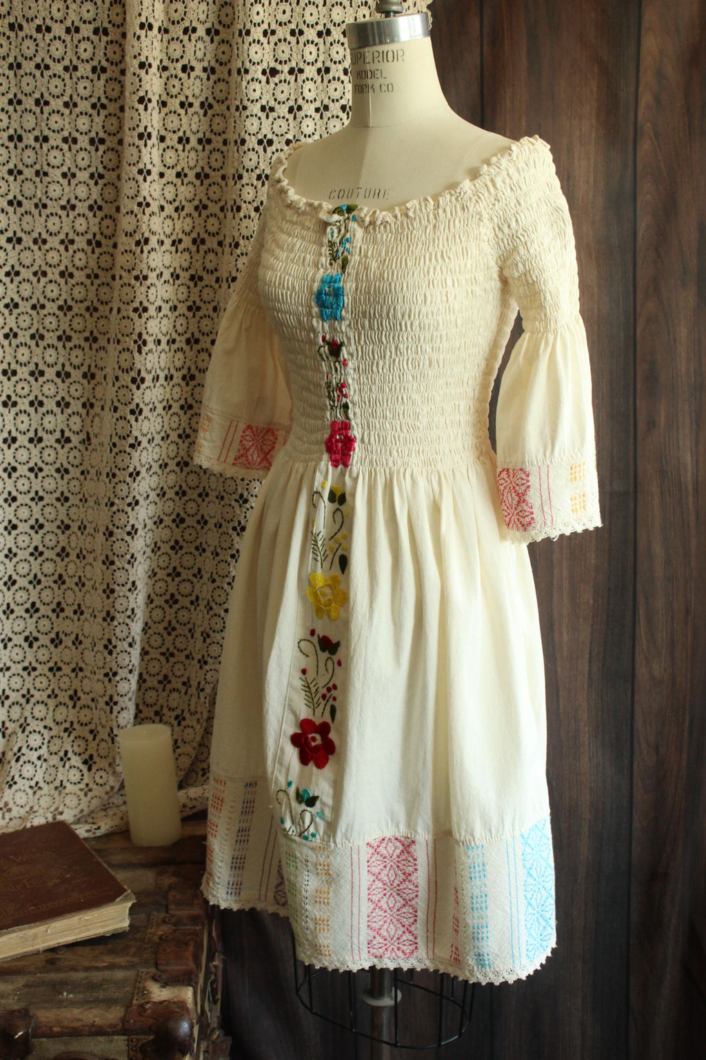 Mexican Floral Embroidered Folk Dress in Smocked Cream Cotton
