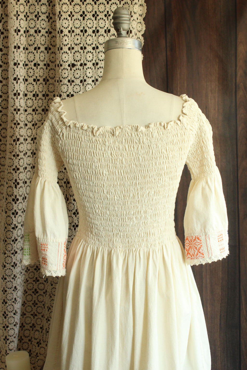 Mexican Floral Embroidered Folk Dress in Smocked Cream Cotton