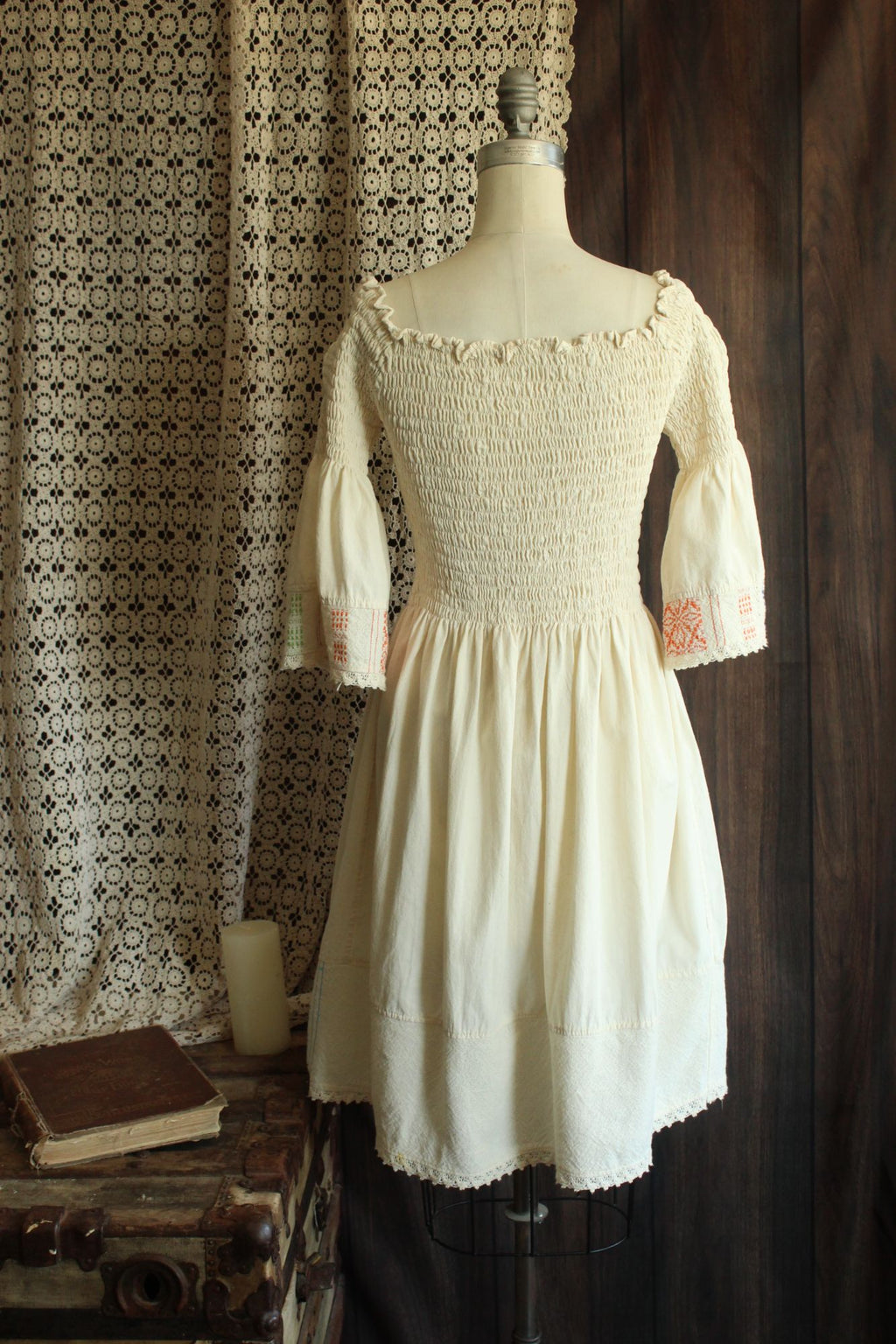 Mexican Floral Embroidered Folk Dress in Smocked Cream Cotton