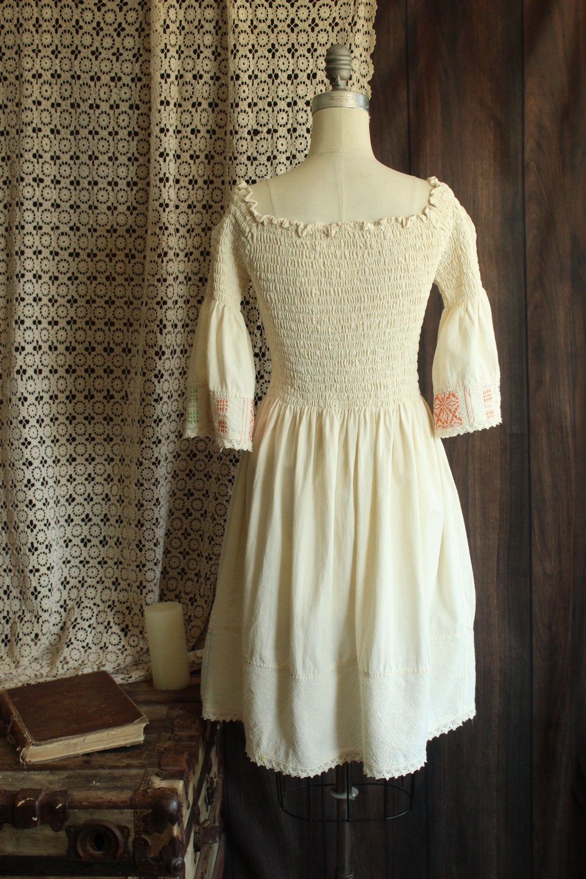 Mexican Floral Embroidered Folk Dress in Smocked Cream Cotton