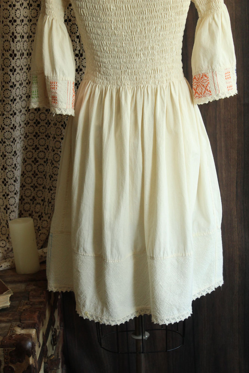 Mexican Floral Embroidered Folk Dress in Smocked Cream Cotton