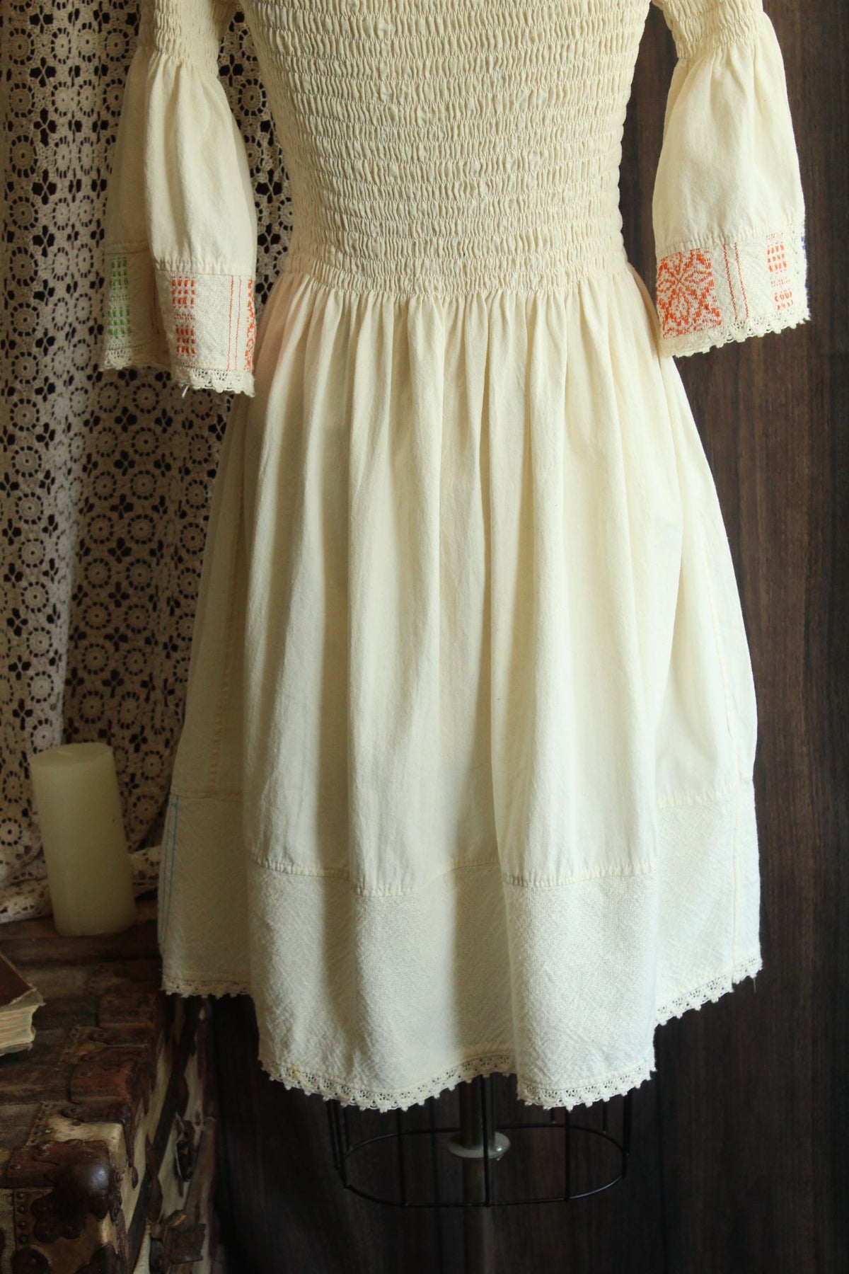 Mexican Floral Embroidered Folk Dress in Smocked Cream Cotton
