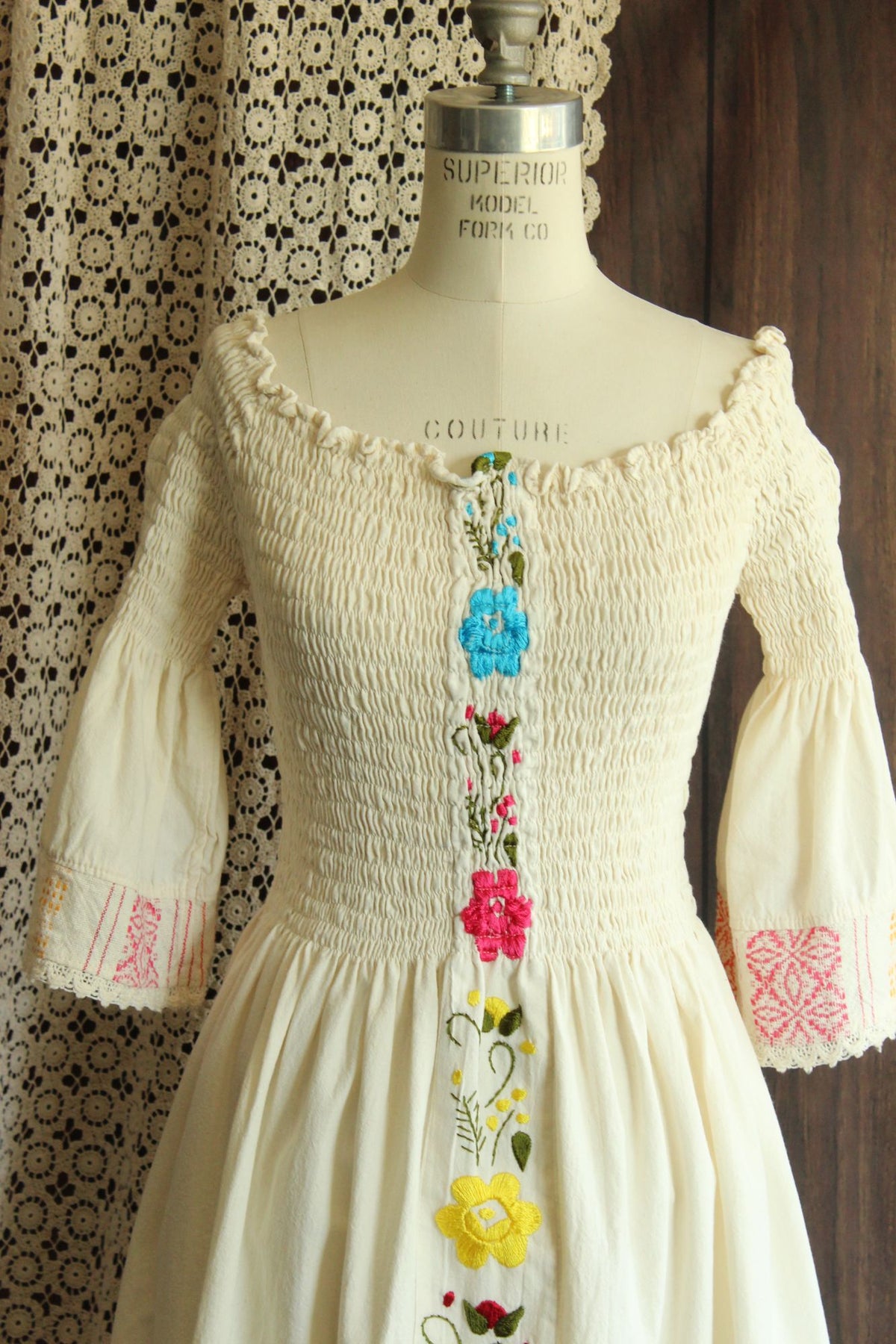 Mexican Floral Embroidered Folk Dress in Smocked Cream Cotton