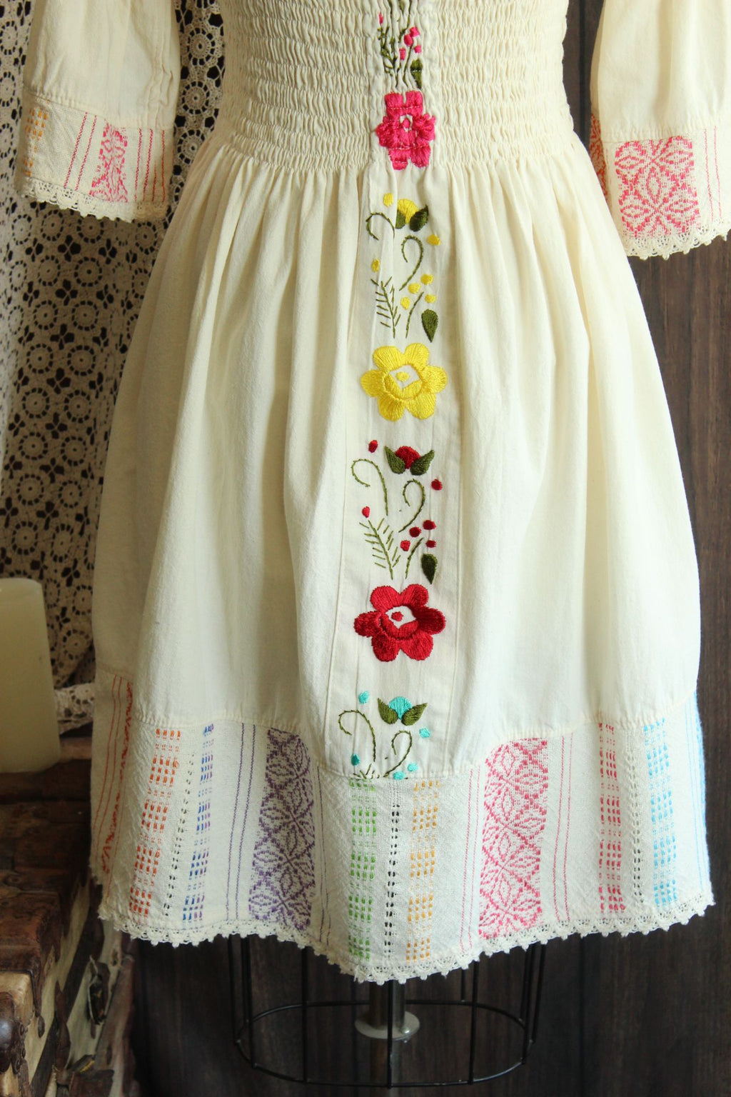 Mexican Floral Embroidered Folk Dress in Smocked Cream Cotton