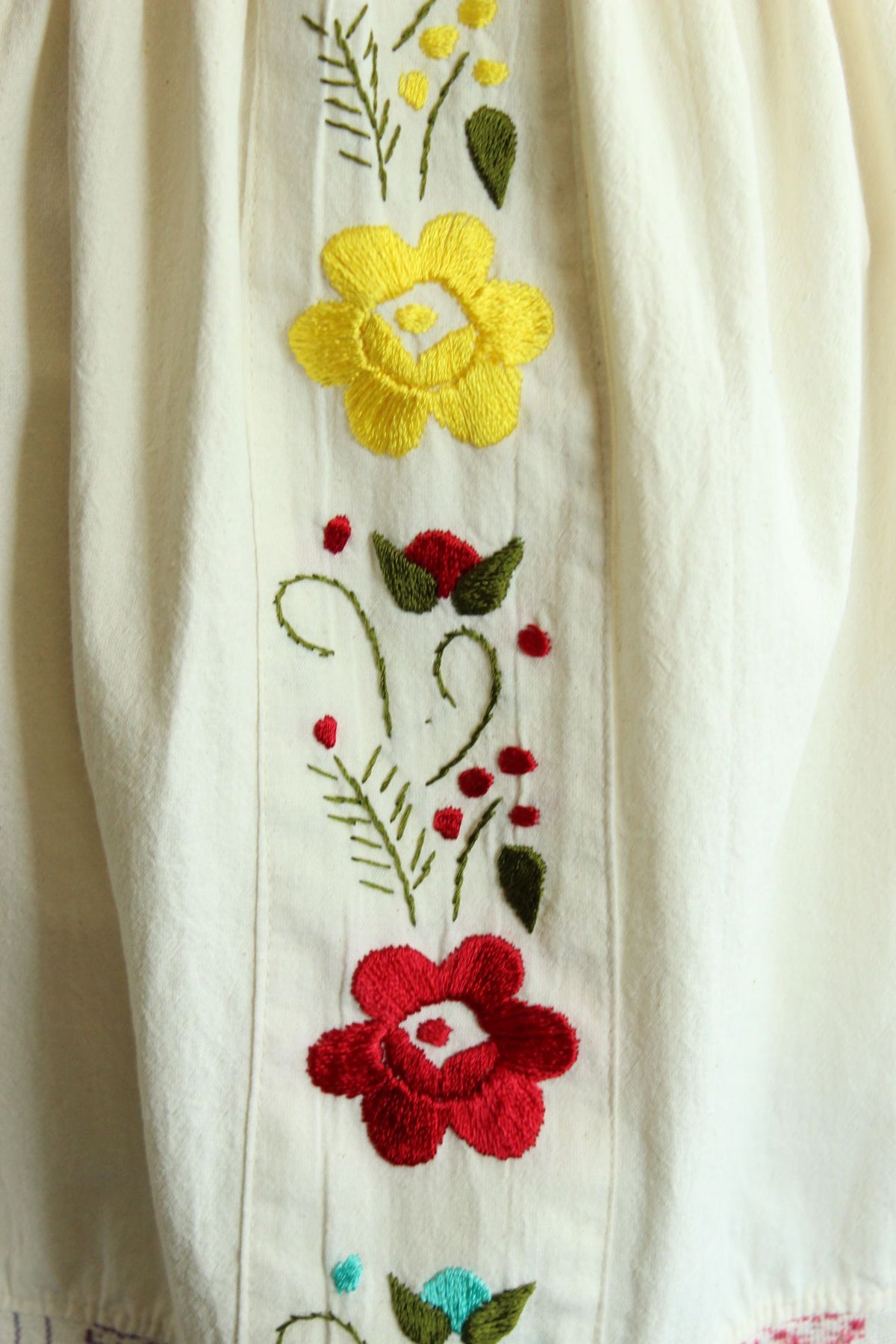 Mexican Floral Embroidered Folk Dress in Smocked Cream Cotton