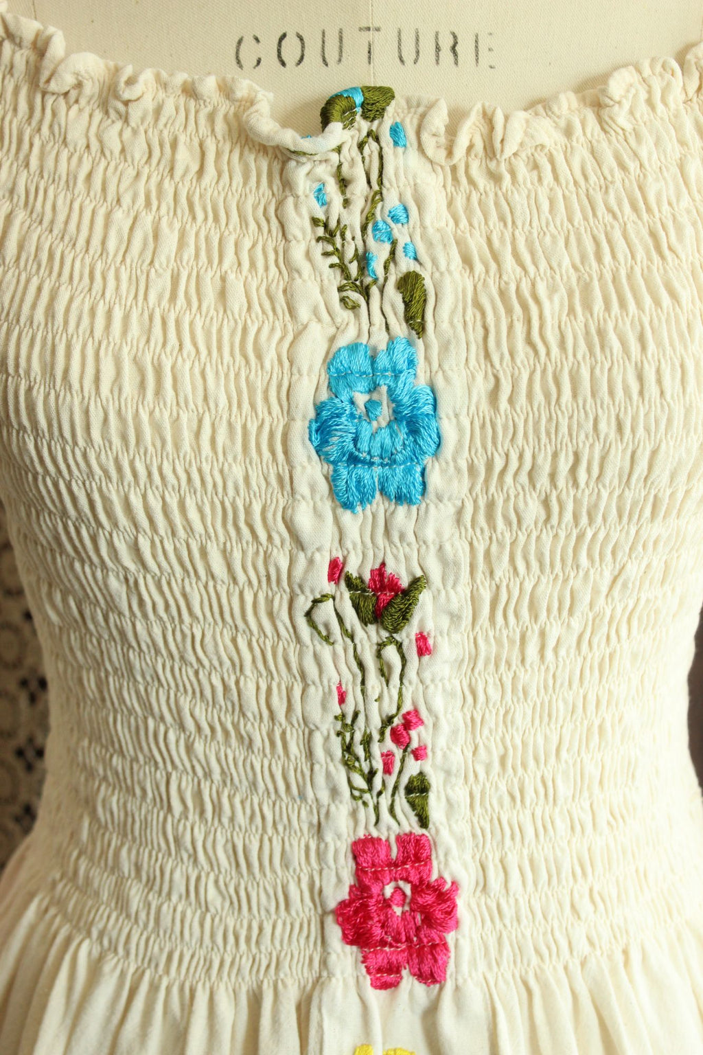 Mexican Floral Embroidered Folk Dress in Smocked Cream Cotton