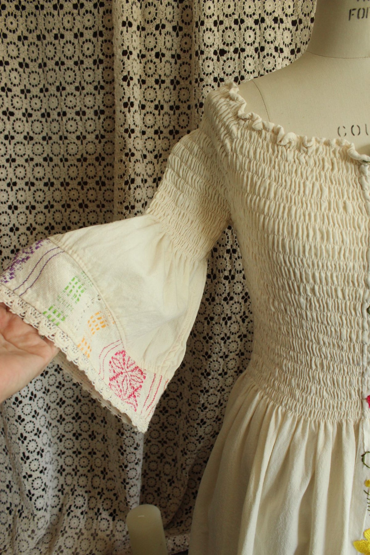 Mexican Floral Embroidered Folk Dress in Smocked Cream Cotton