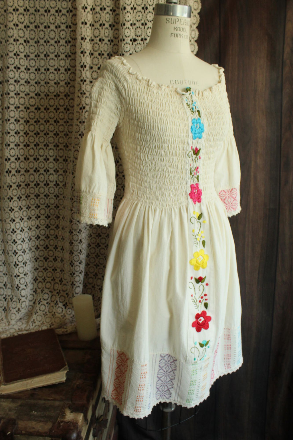 Mexican Floral Embroidered Folk Dress in Smocked Cream Cotton