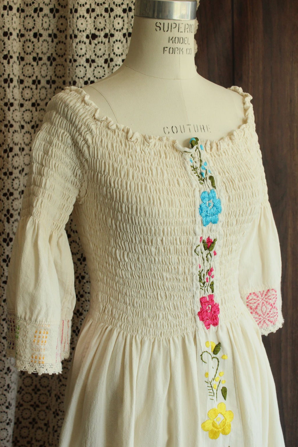 Mexican Floral Embroidered Folk Dress in Smocked Cream Cotton