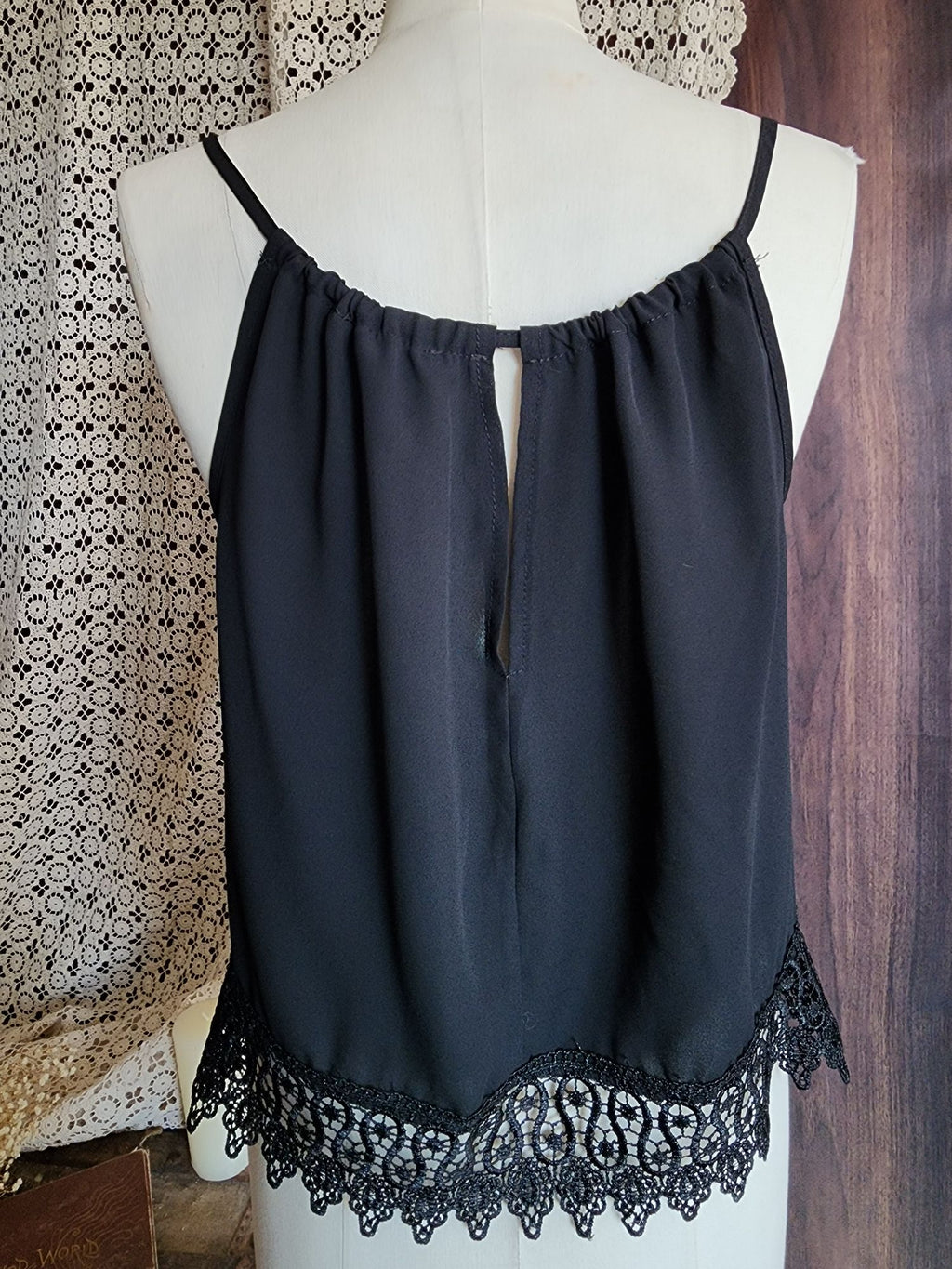 Oboe Womens Top, Black Spaghetti Strap, Size Large, Lace Trim