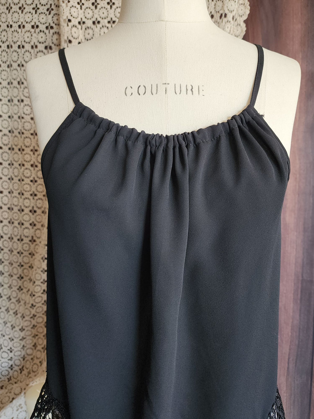 Oboe Womens Top, Black Spaghetti Strap, Size Large, Lace Trim