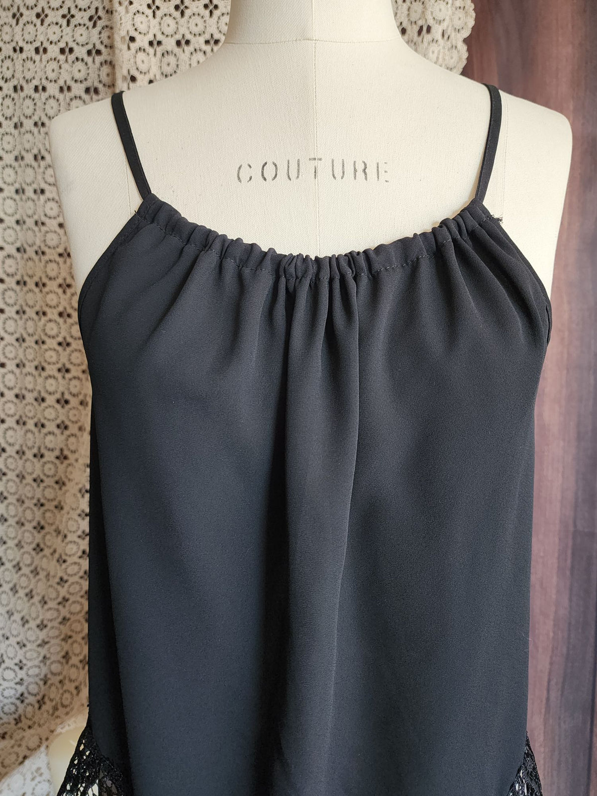 Oboe Womens Top, Black Spaghetti Strap, Size Large, Lace Trim