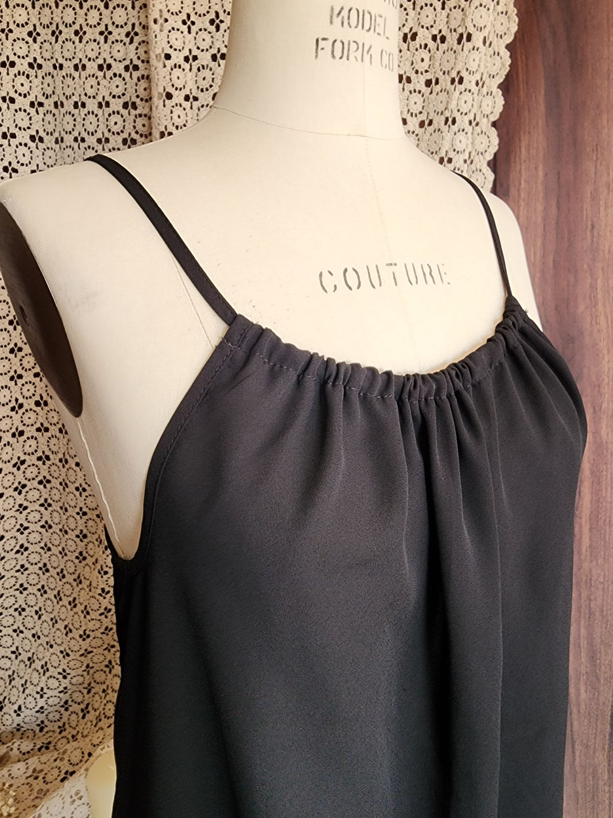 Oboe Womens Top, Black Spaghetti Strap, Size Large, Lace Trim