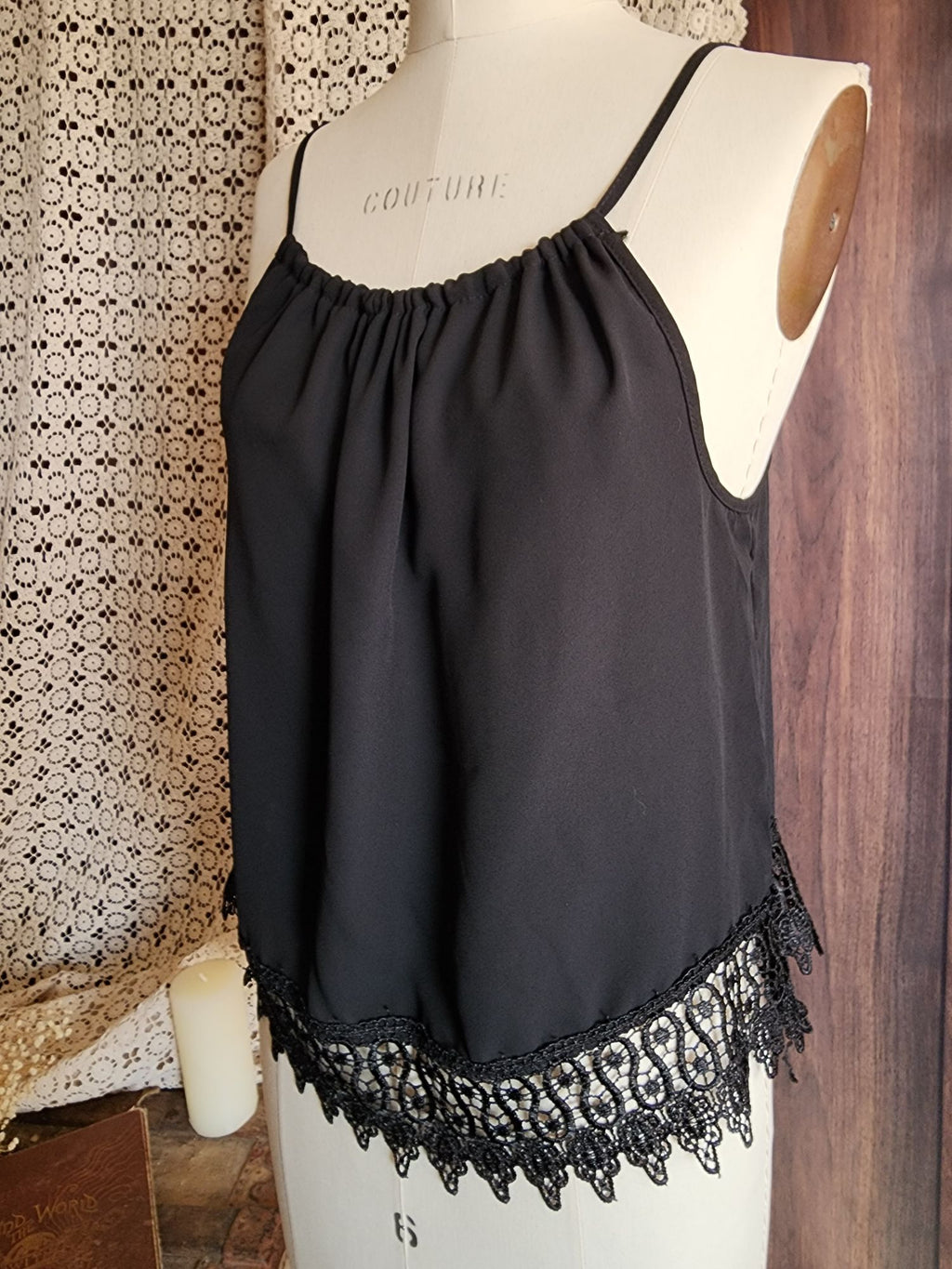 Oboe Womens Top, Black Spaghetti Strap, Size Large, Lace Trim