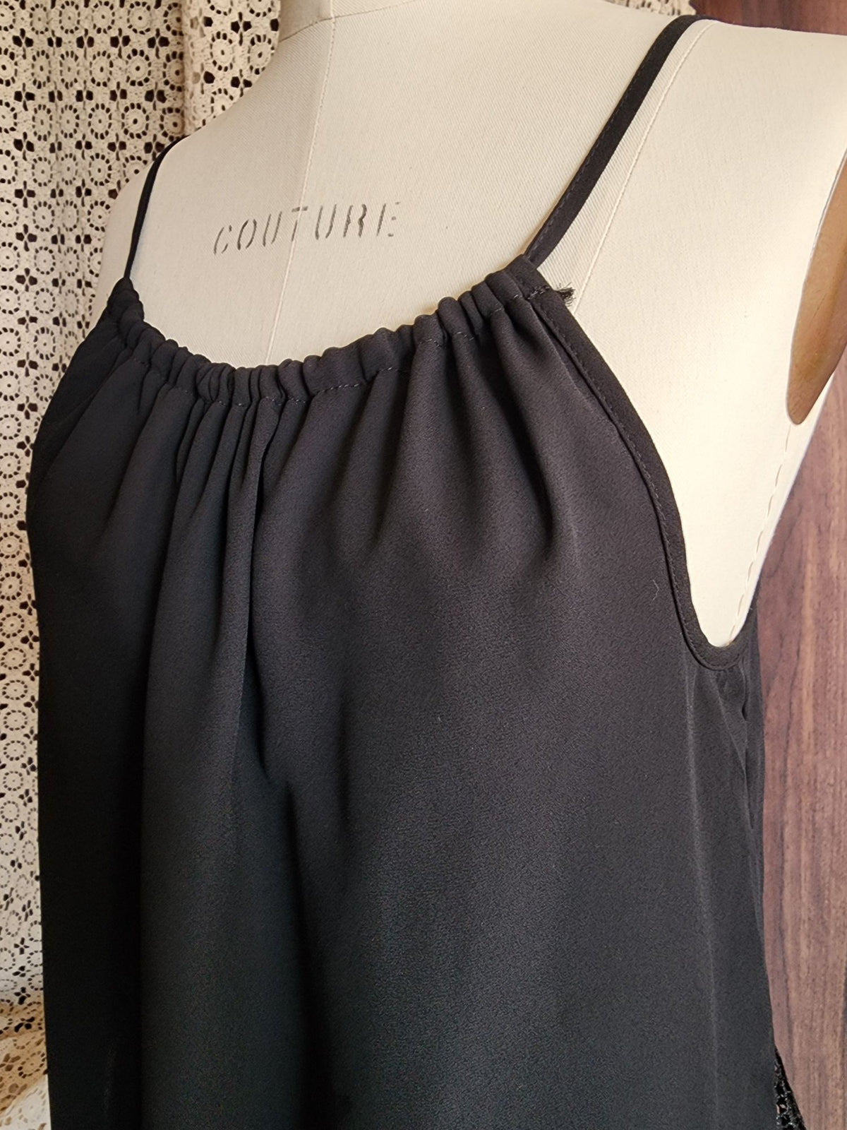 Oboe Womens Top, Black Spaghetti Strap, Size Large, Lace Trim