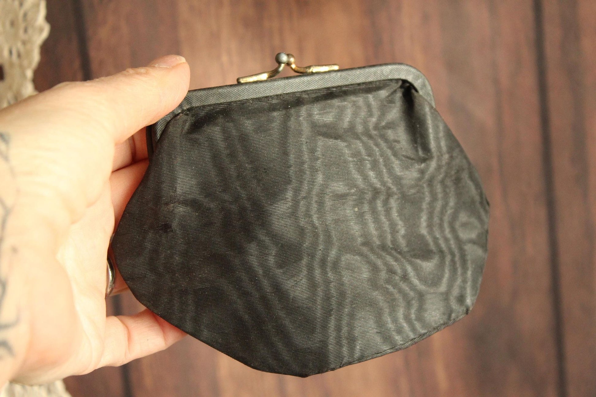 Vintage 1940s Black Moire Taffeta Coin Purse