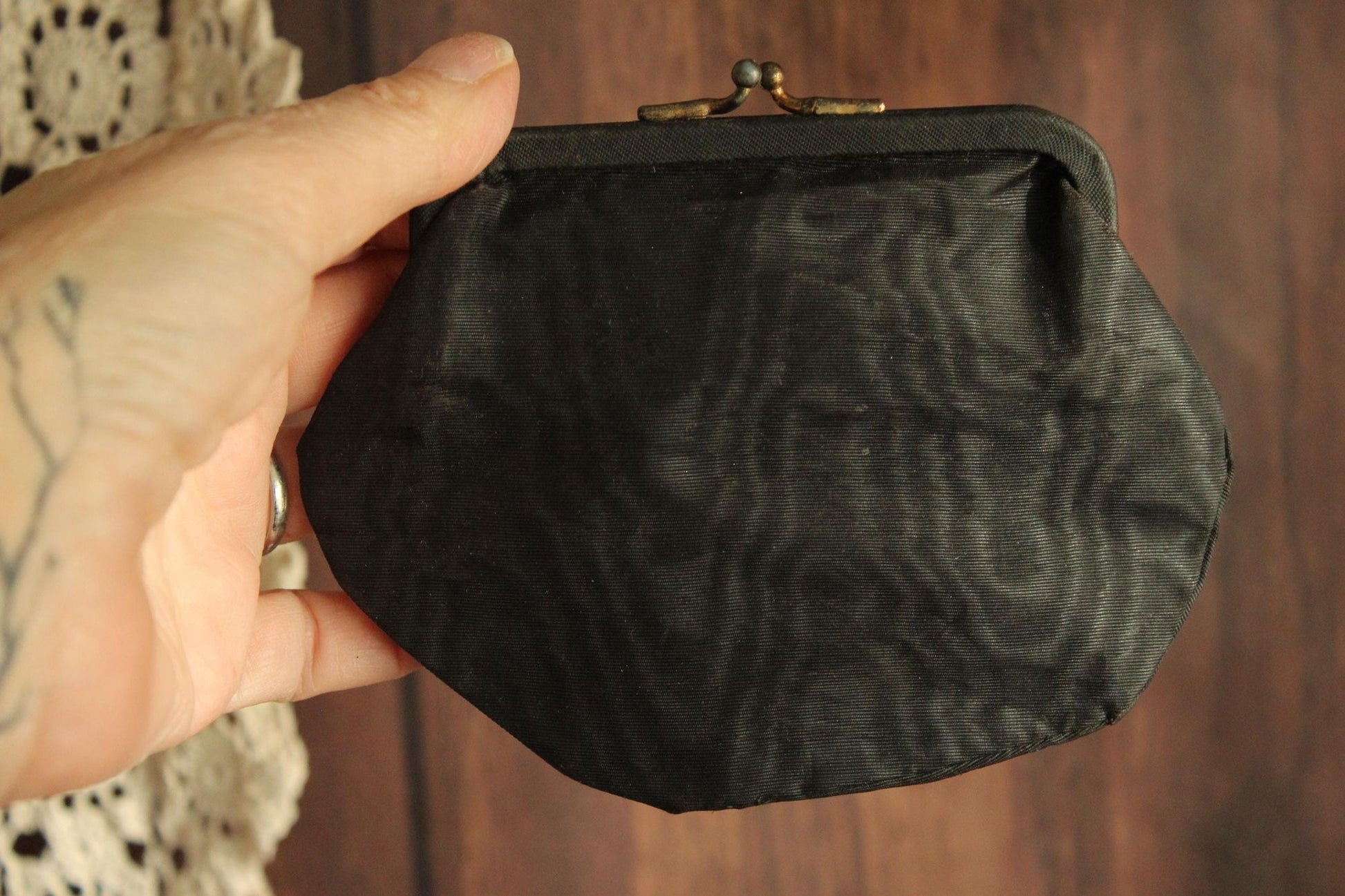 Vintage 1940s Black Moire Taffeta Coin Purse