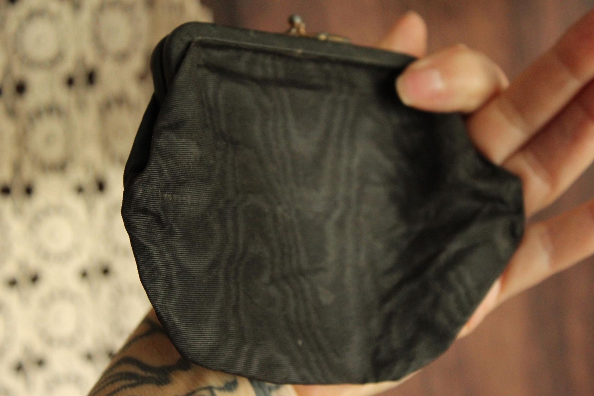 Vintage 1940s Black Moire Taffeta Coin Purse