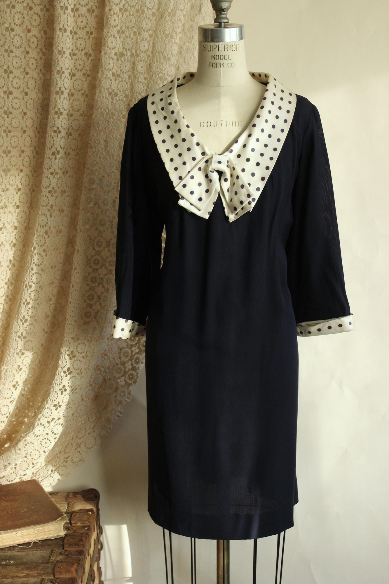 Vintage 1960s Volup Dress with Navy Blue and White Polkadot Bow