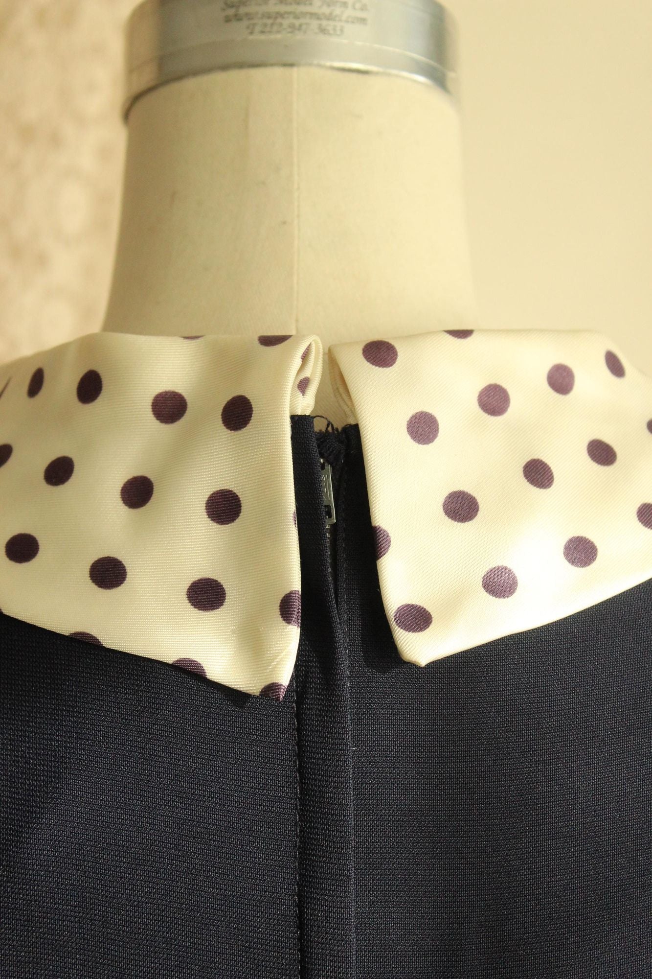 Vintage 1960s Volup Dress with Navy Blue and White Polkadot Bow