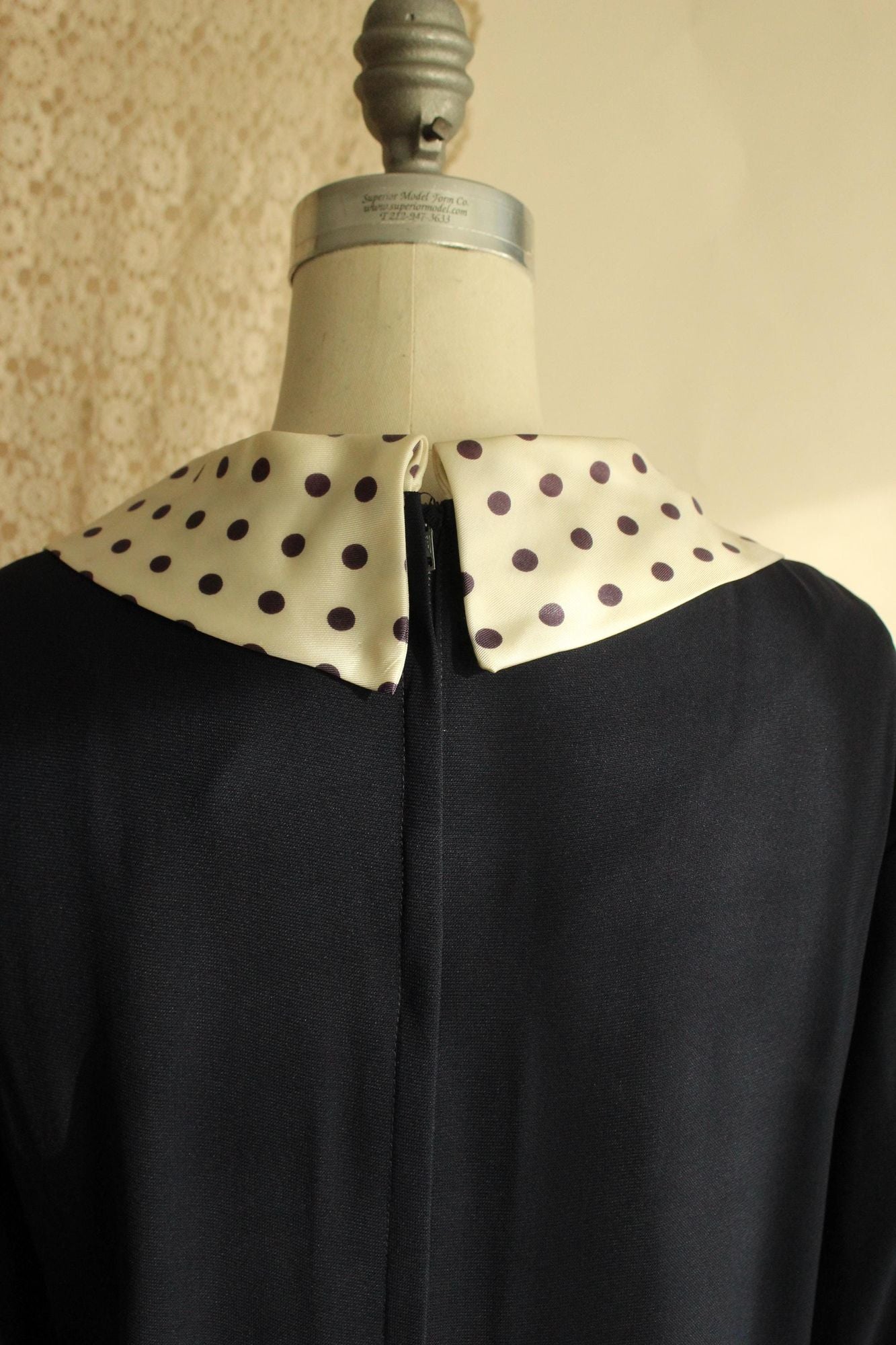 Vintage 1960s Volup Dress with Navy Blue and White Polkadot Bow