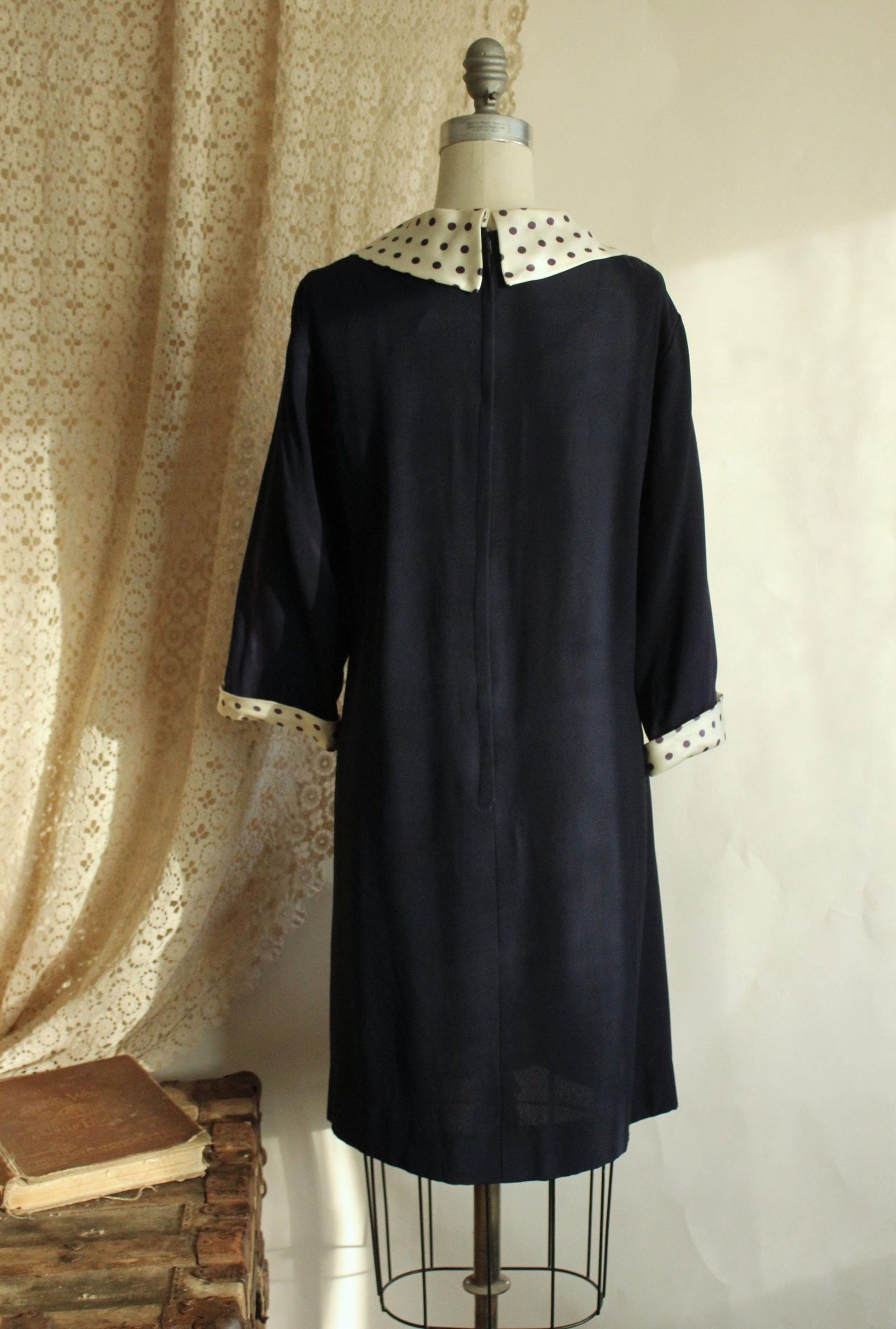 Vintage 1960s Volup Dress with Navy Blue and White Polkadot Bow