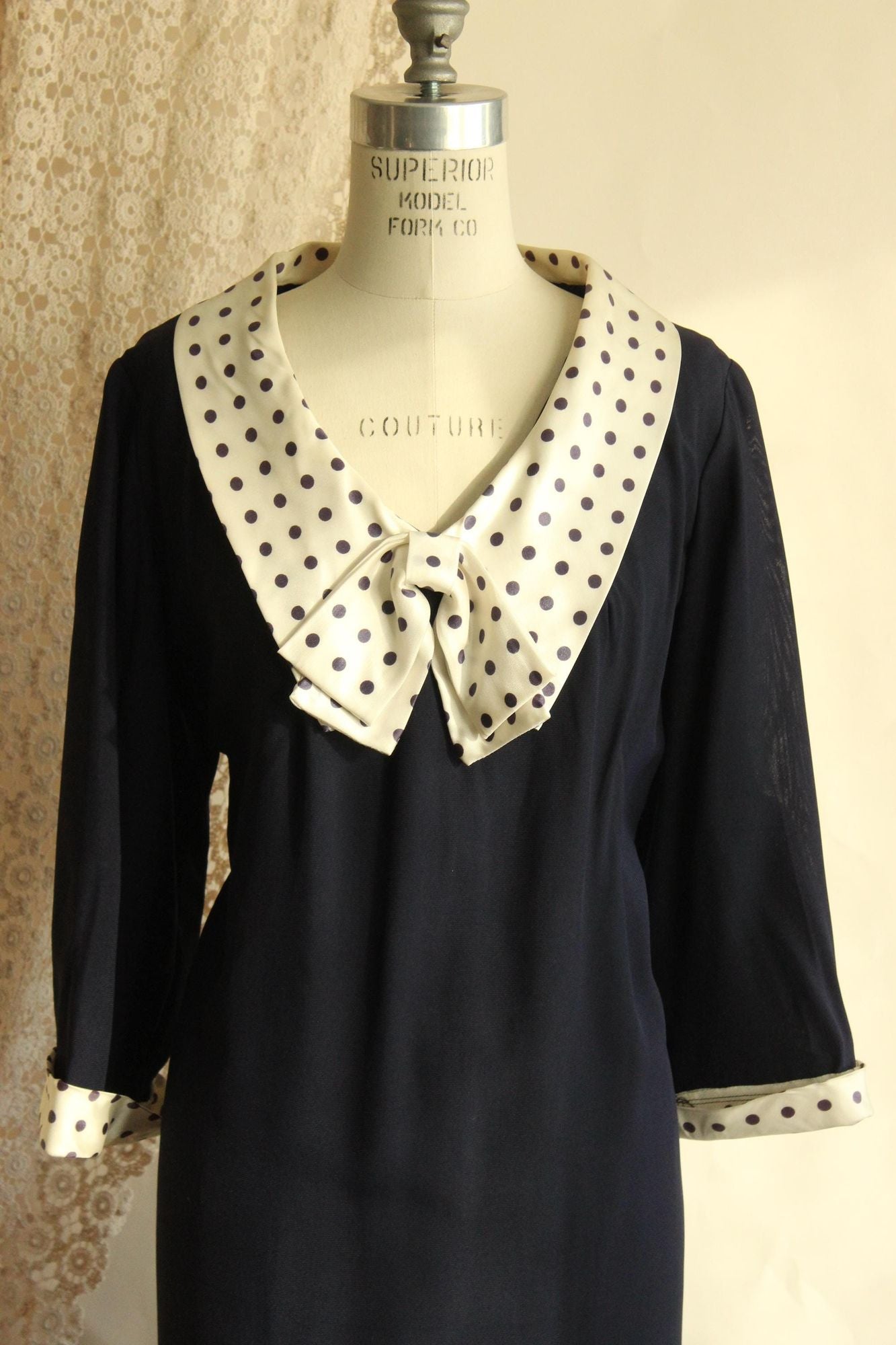 Vintage 1960s Volup Dress with Navy Blue and White Polkadot Bow