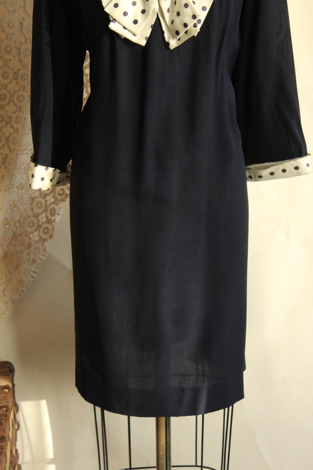 Vintage 1960s Volup Dress with Navy Blue and White Polkadot Bow