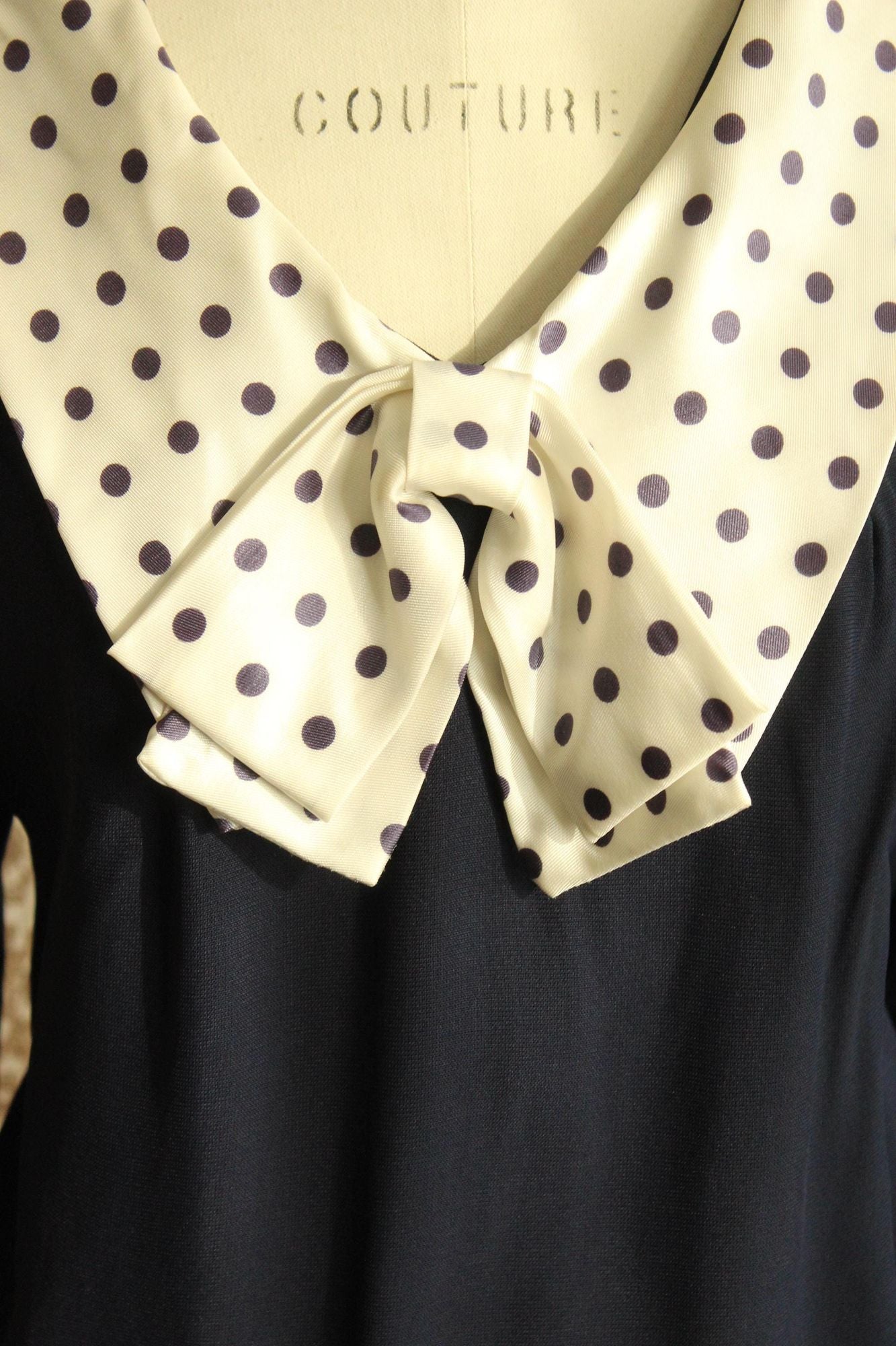 Vintage 1960s Volup Dress with Navy Blue and White Polkadot Bow