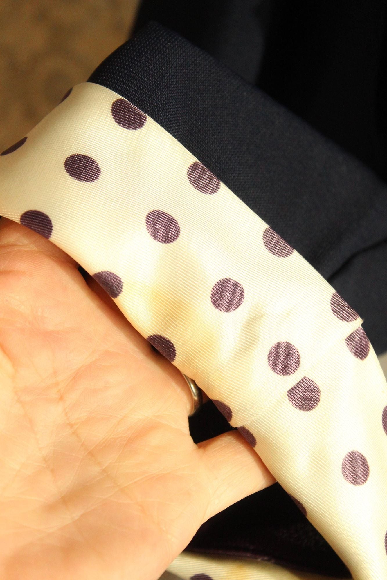 Vintage 1960s Volup Dress with Navy Blue and White Polkadot Bow