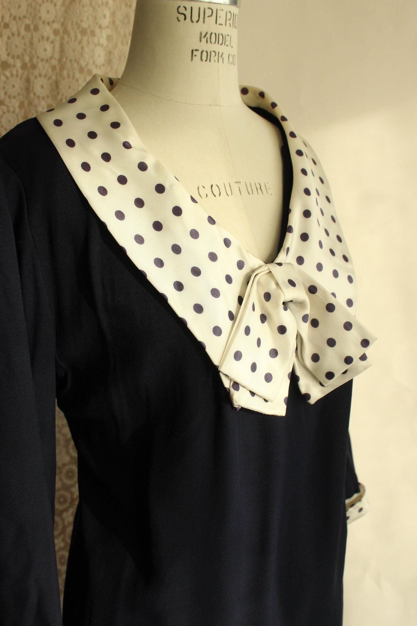 Vintage 1960s Volup Dress with Navy Blue and White Polkadot Bow
