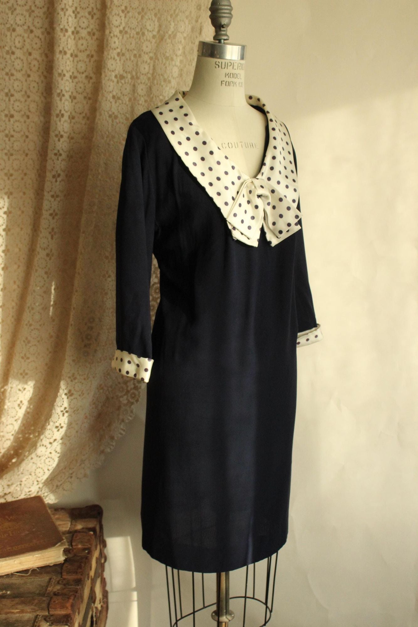 Vintage 1960s Volup Dress with Navy Blue and White Polkadot Bow