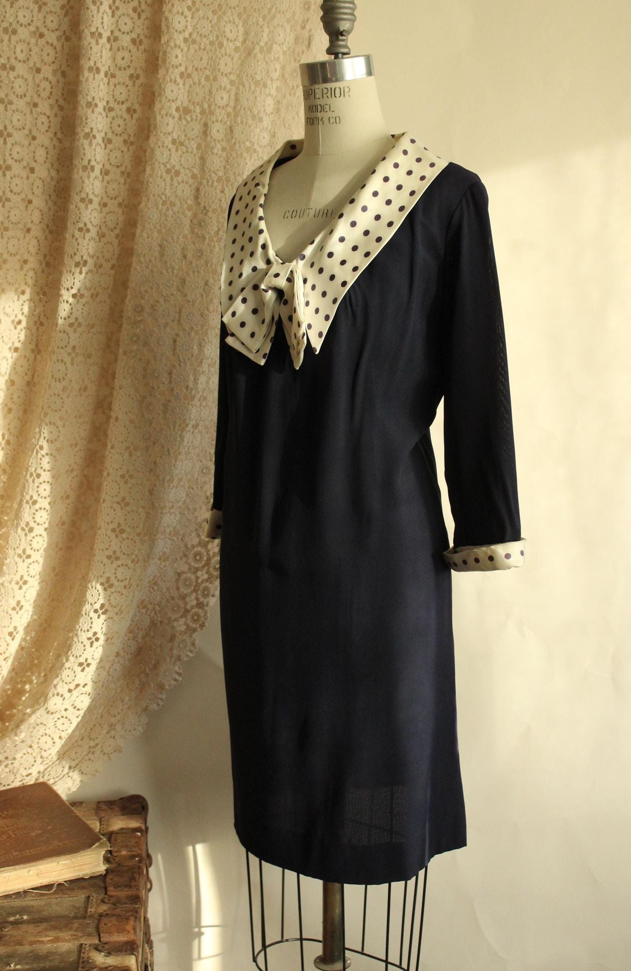 Vintage 1960s Volup Dress with Navy Blue and White Polkadot Bow