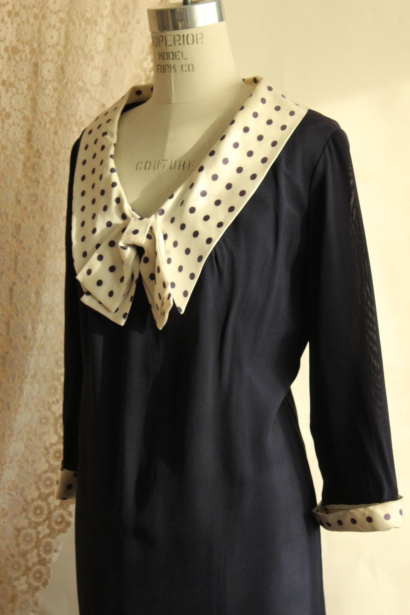 Vintage 1960s Volup Dress with Navy Blue and White Polkadot Bow