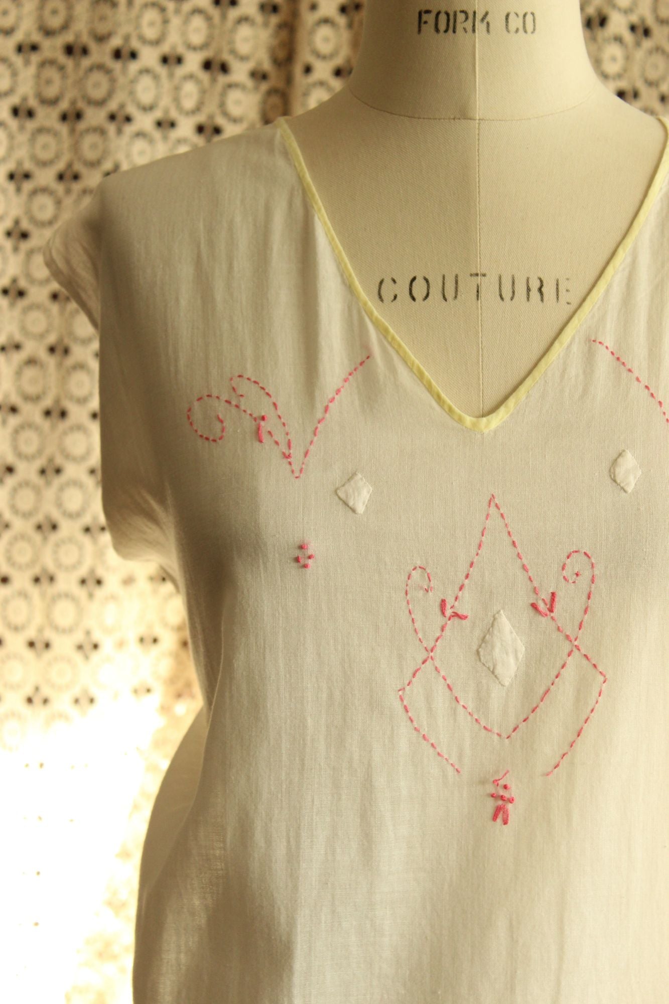 Antique 1910s 1920s White Cotton Embroidered Nightgown