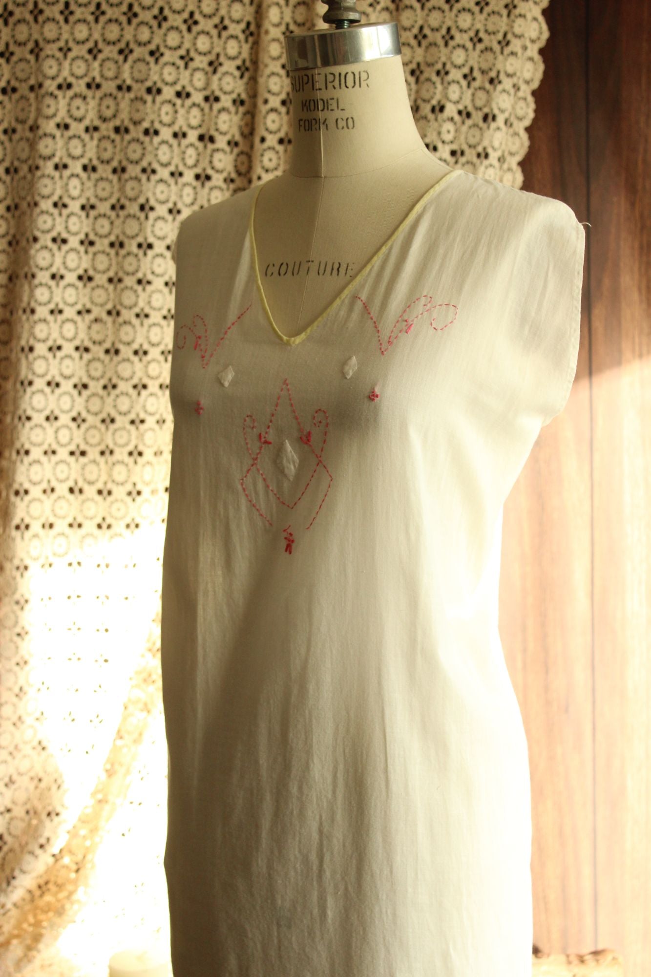 Antique 1910s 1920s White Cotton Embroidered Nightgown