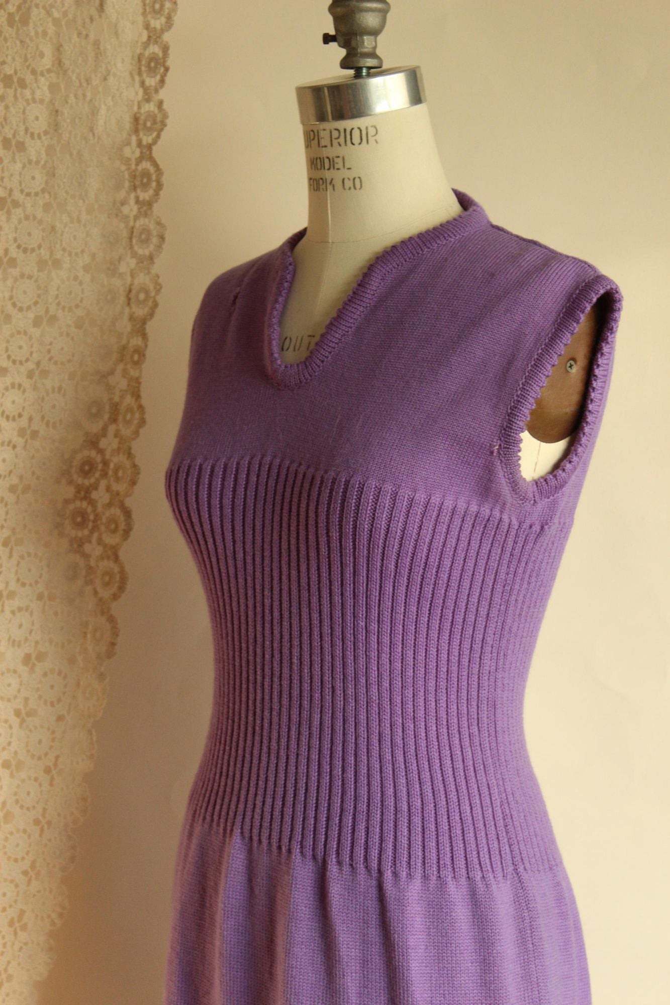Vintage 1960s Purple Ribbed Waist Wool Knit Sweater Dress