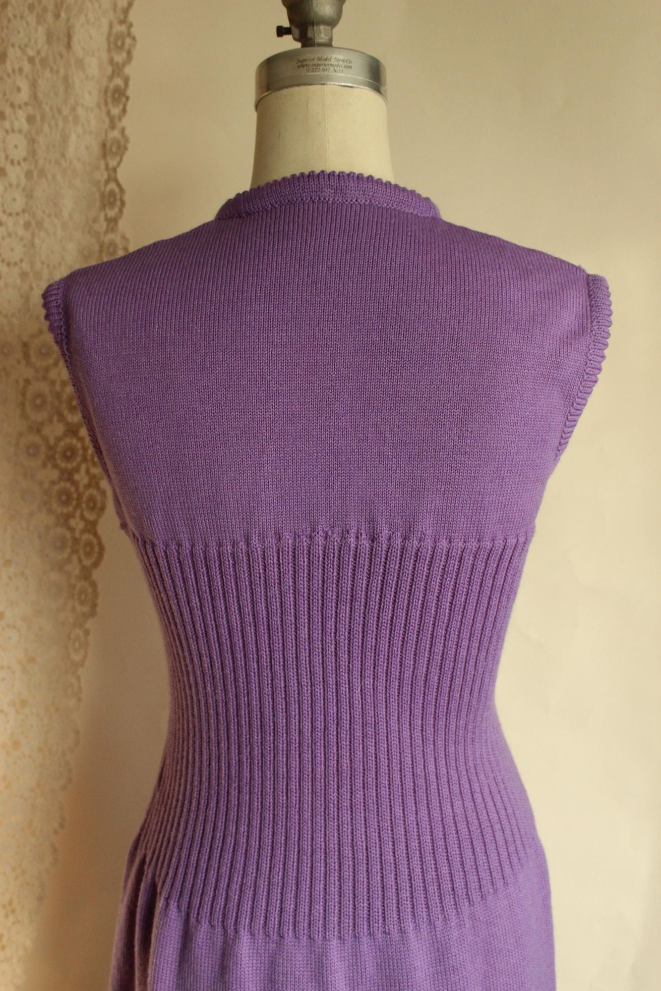 Vintage 1960s Purple Ribbed Waist Wool Knit Sweater Dress