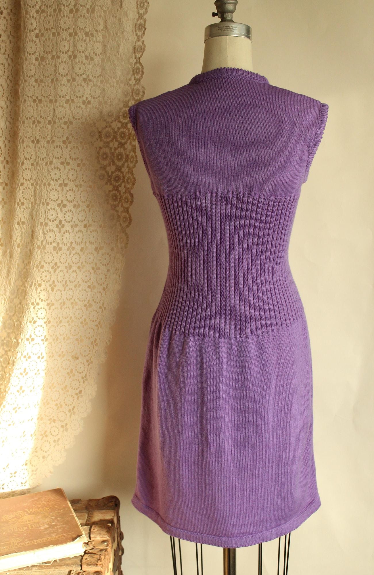 Vintage 1960s Purple Ribbed Waist Wool Knit Sweater Dress