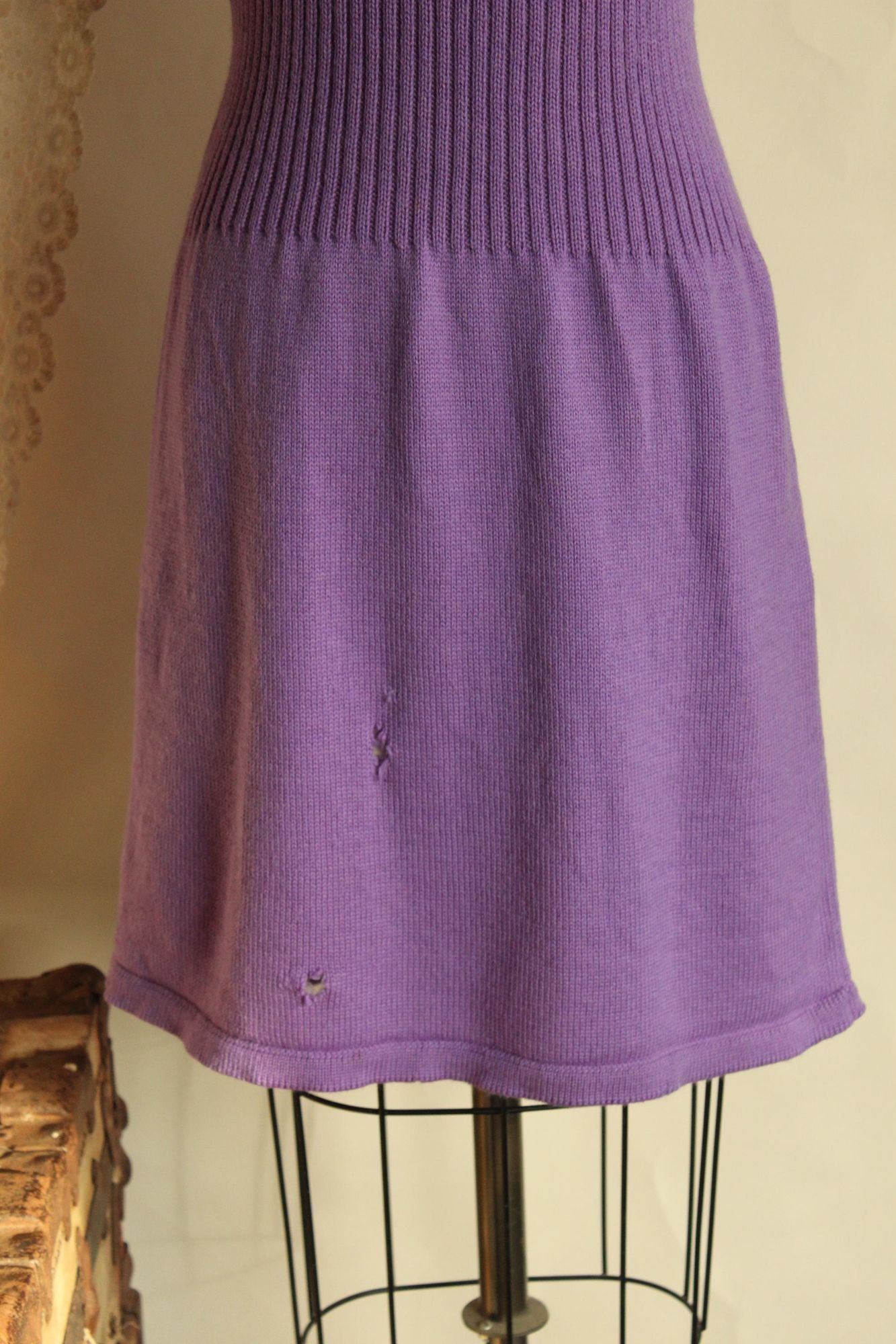 Vintage 1960s Purple Ribbed Waist Wool Knit Sweater Dress
