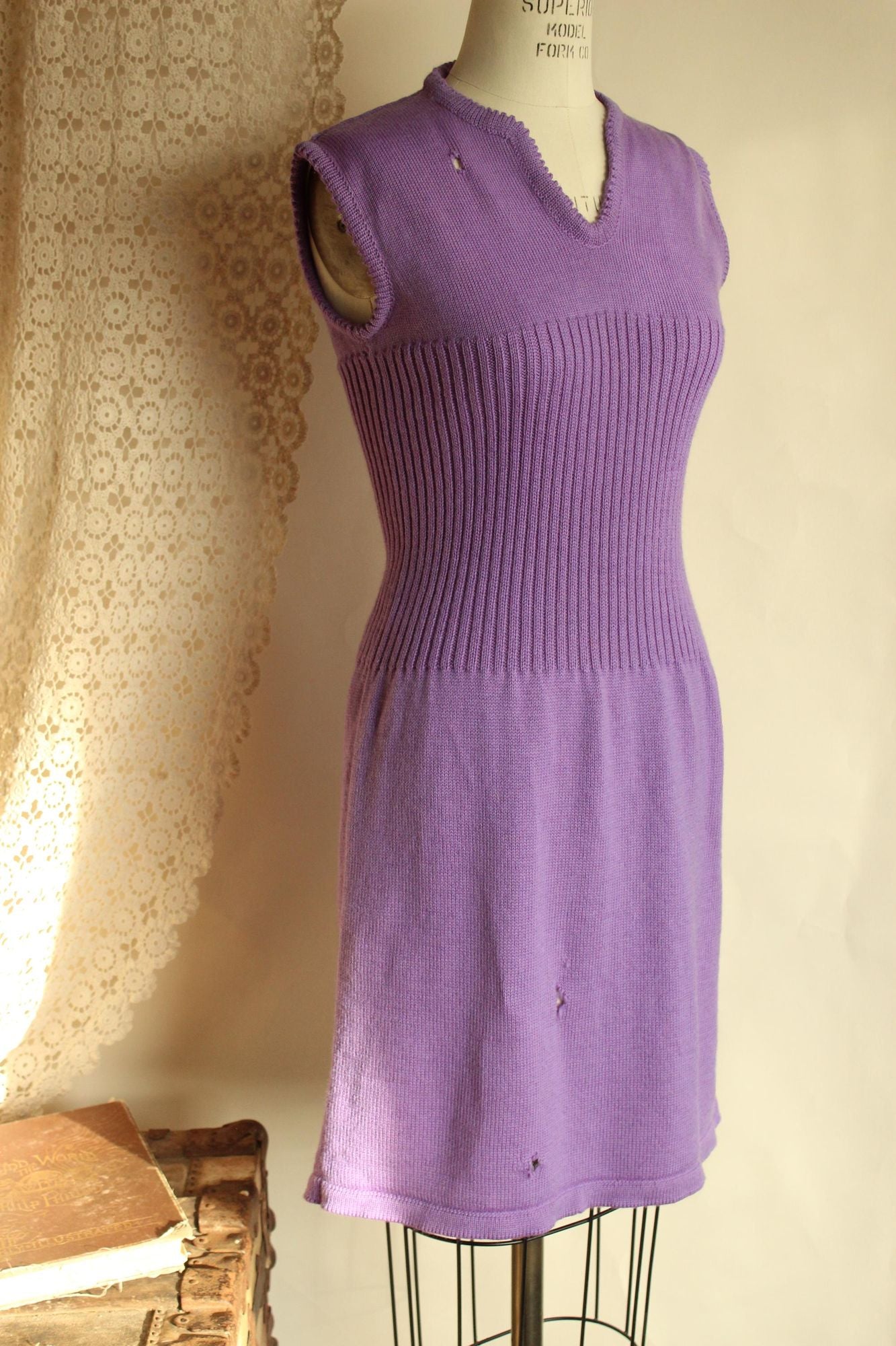 Vintage 1960s Purple Ribbed Waist Wool Knit Sweater Dress
