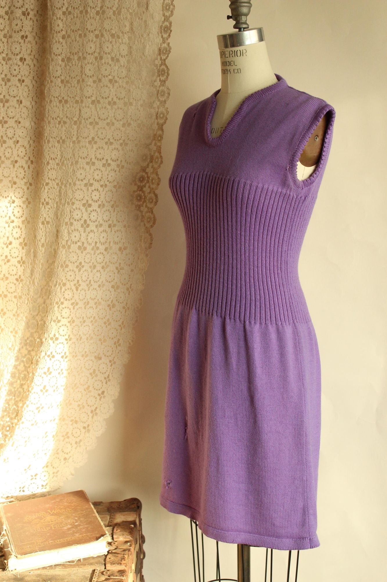 Vintage 1960s Purple Ribbed Waist Wool Knit Sweater Dress