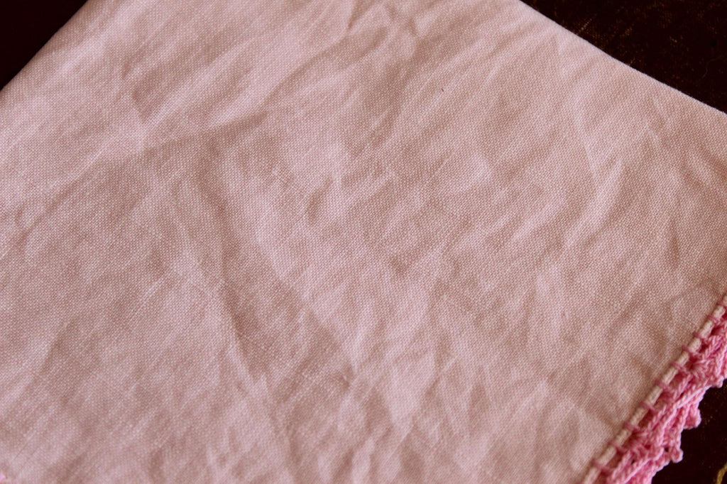 Vintage 1950s 1960s Pink Linen Handkerchief With Crochet Lace Trim