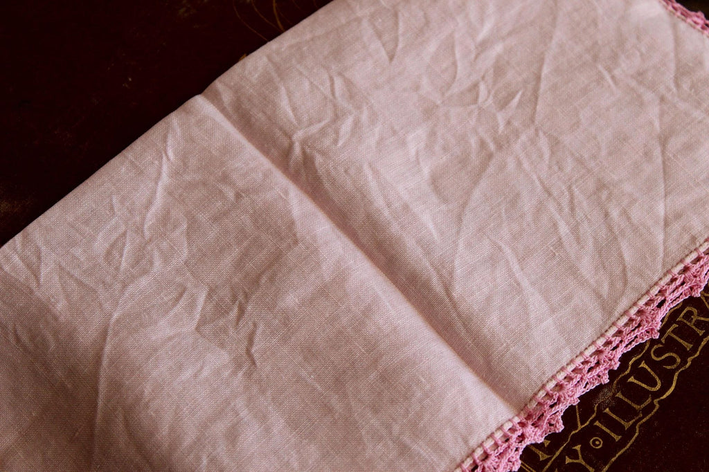 Vintage 1950s 1960s Pink Linen Handkerchief With Crochet Lace Trim