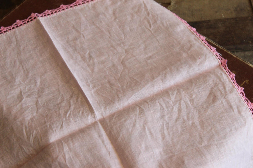 Vintage 1950s 1960s Pink Linen Handkerchief With Crochet Lace Trim