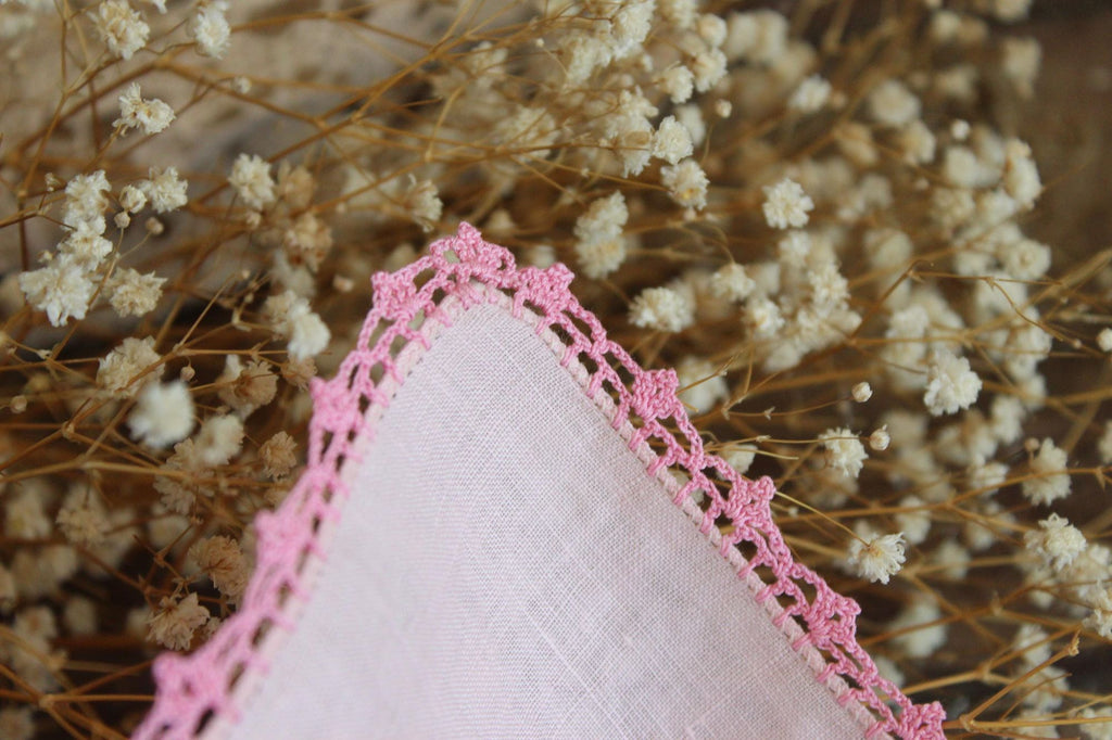Vintage 1950s 1960s Pink Linen Handkerchief With Crochet Lace Trim
