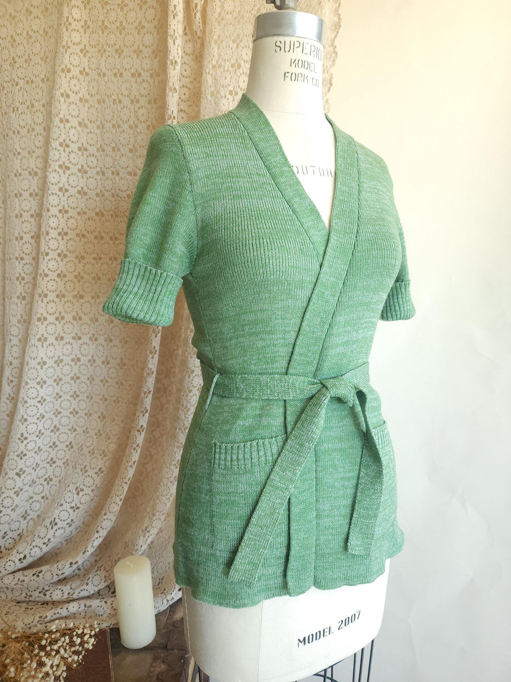 Vintage 1970s Surplice Wrap Cardigan Sweater With Belt and Pockets