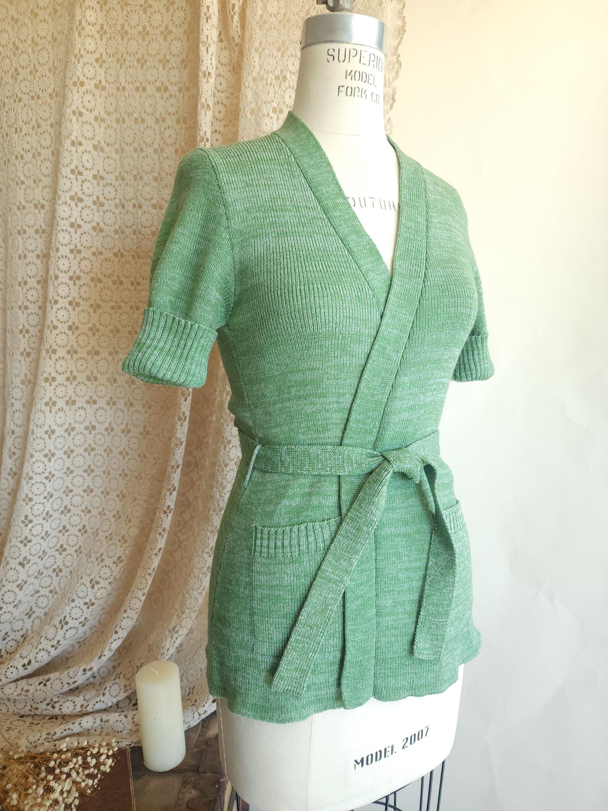 Vintage 1970s Surplice Wrap Cardigan Sweater With Belt and Pockets